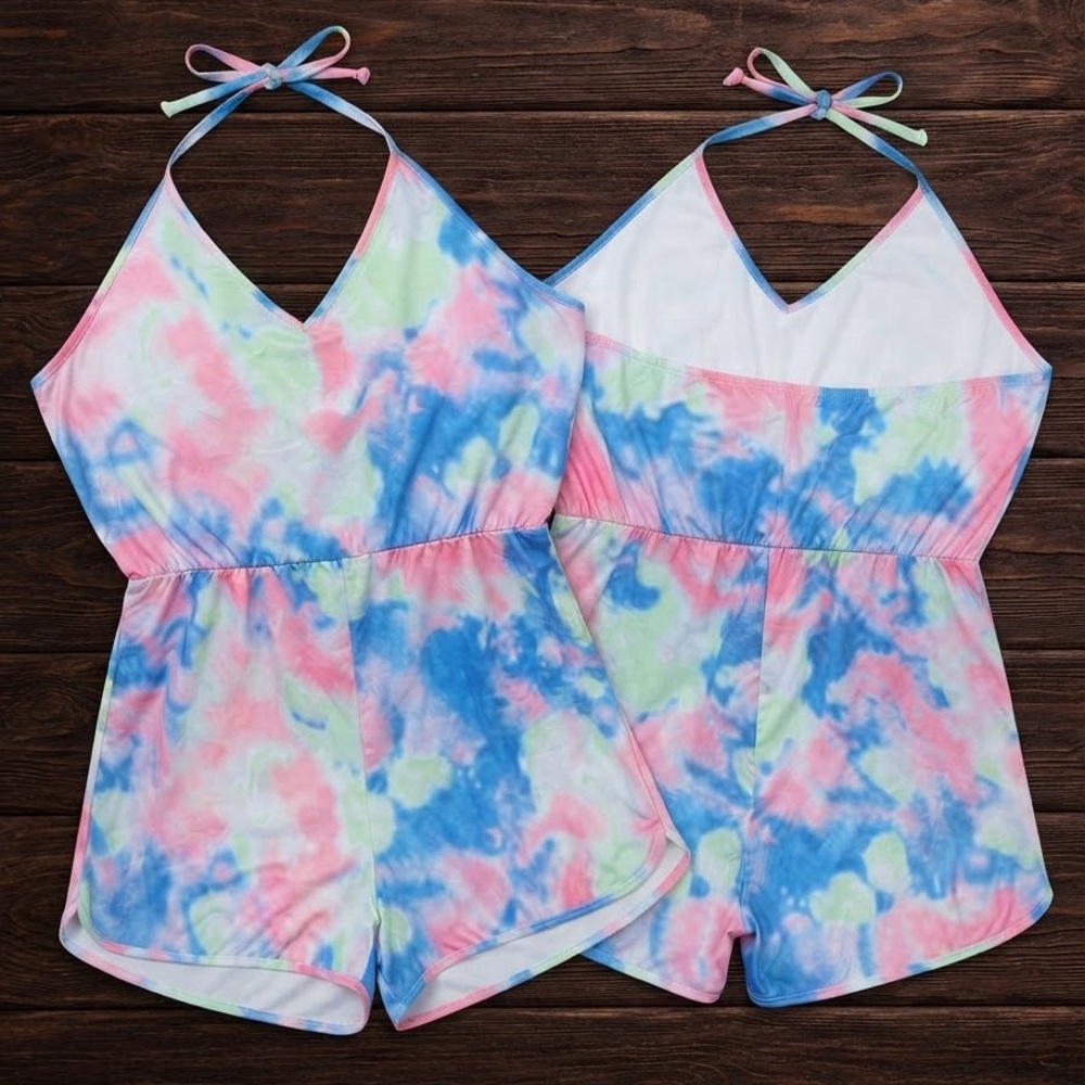SHEIN Curve 3XL Tie-Dye Pastel Halter Neck Romper